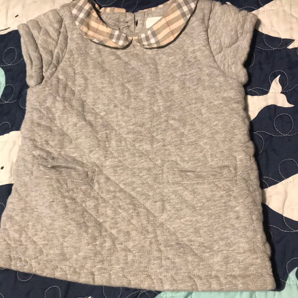 Burberry baby Girls' Gray Quilted Dress Top with Plaid Peter Pan Collar